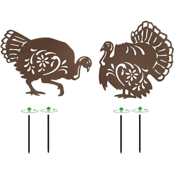 Metal Turkey Garden Stakes Set of 2 Outdoor Thanksgiving Yard Decor Rusty - Picture 6 of 7